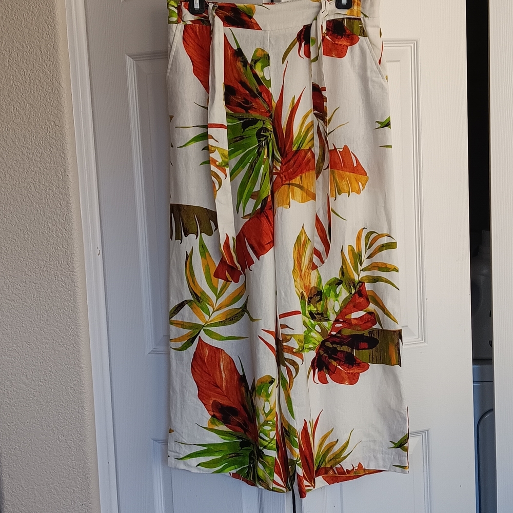 JoieTropical Floral Cream Green Red Yellow Print Pants Size 8